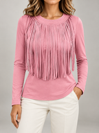 Women's Fringe Front Long Sleeve Top | Crew Neck, Stretch Jersey