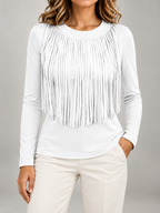 Women's Fringe Front Long Sleeve Top | Crew Neck, Stretch Jersey