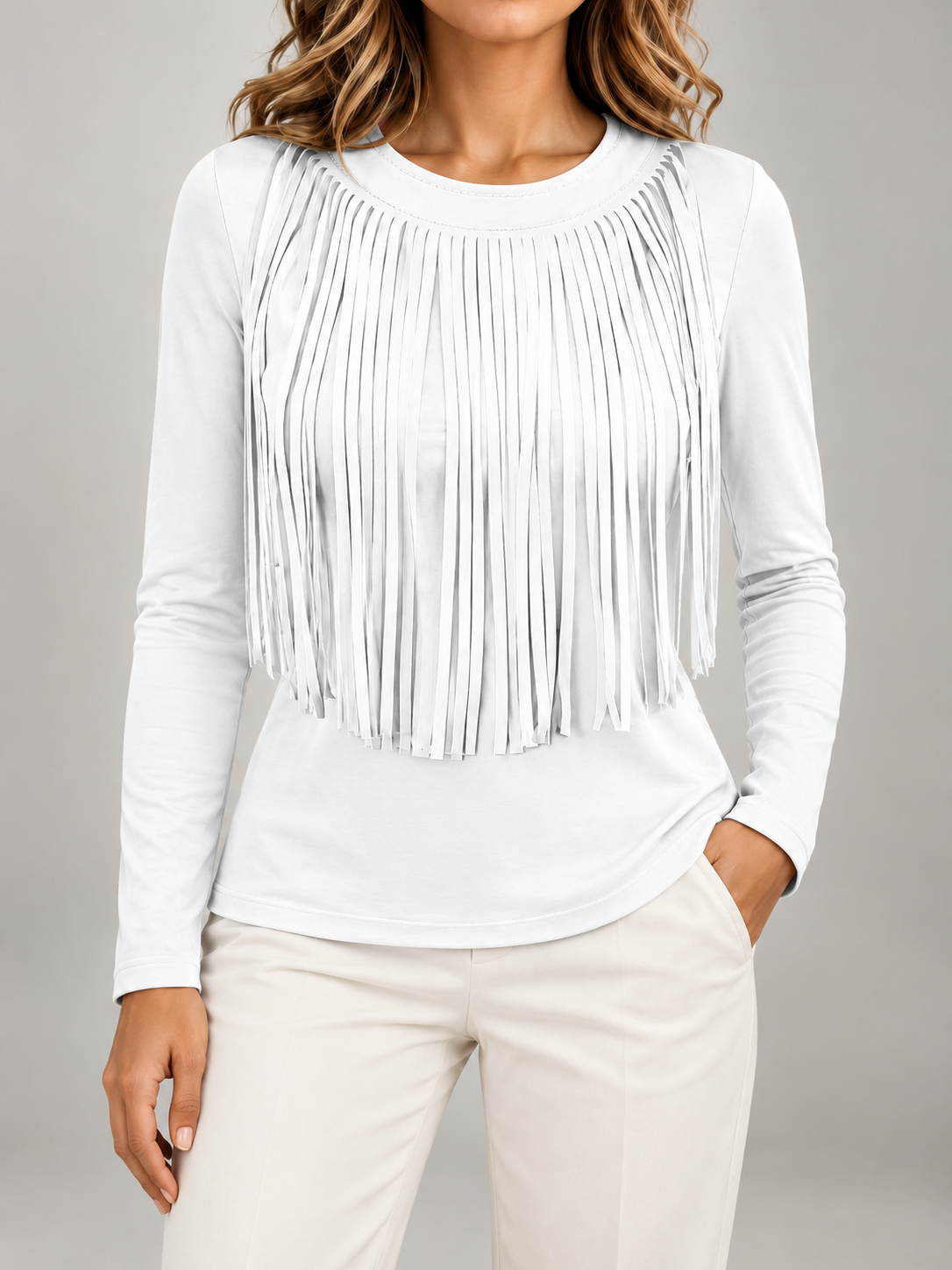 Women's Fringe Front Long Sleeve Top | Crew Neck, Stretch Jersey