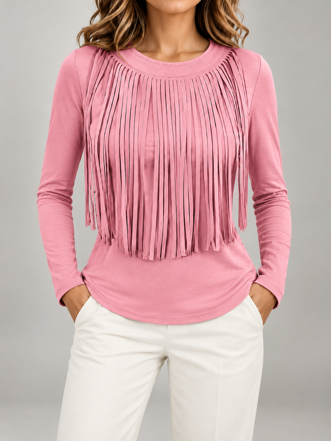 Women's Fringe Front Long Sleeve Top | Crew Neck, Stretch Jersey