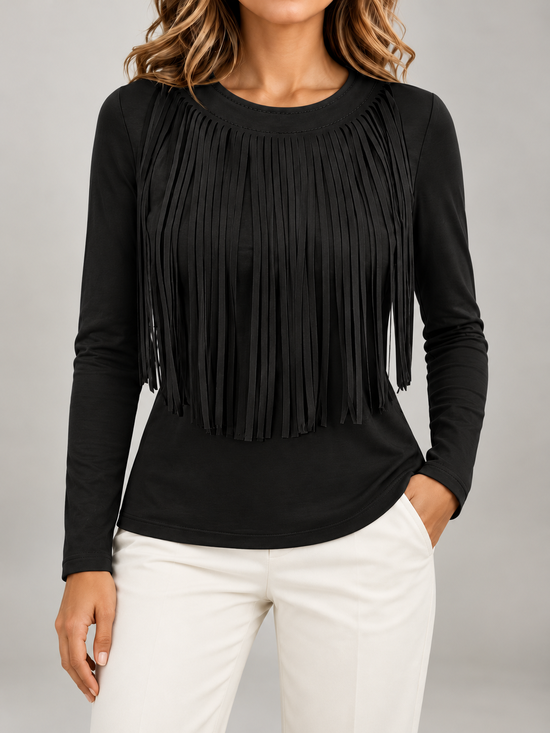Women's Fringe Front Long Sleeve Top | Crew Neck, Stretch Jersey