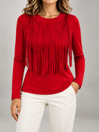 Women's Fringe Front Long Sleeve Top | Crew Neck, Stretch Jersey