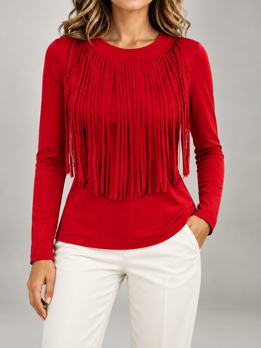 Women's Fringe Front Long Sleeve Top | Crew Neck, Stretch Jersey