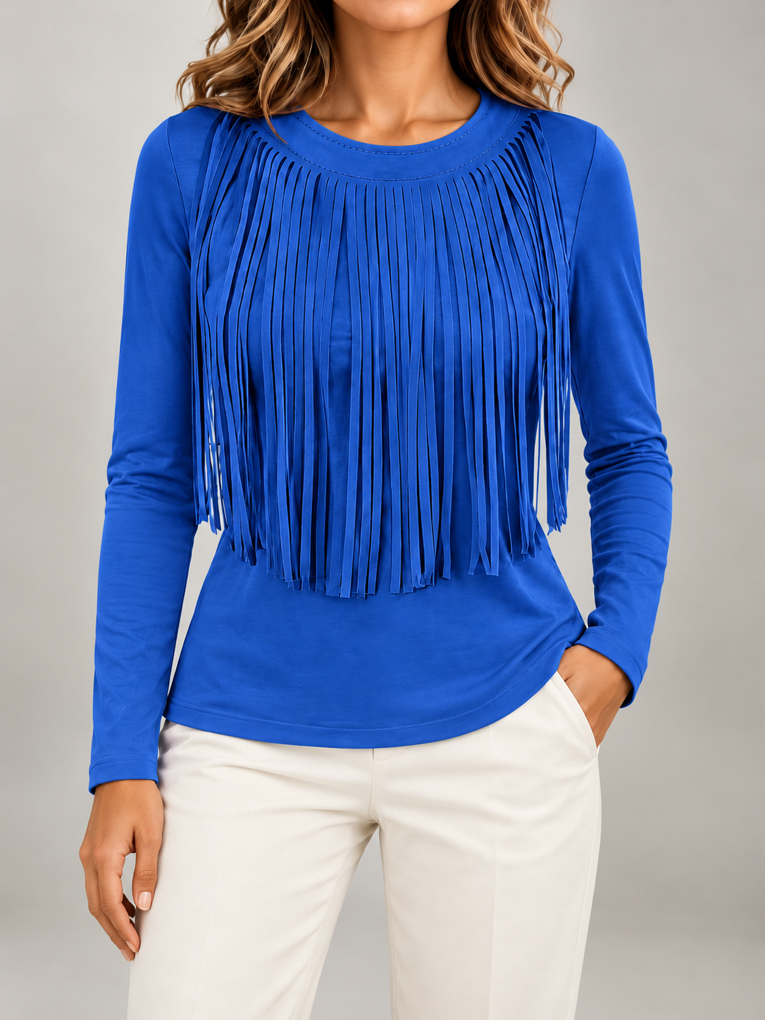 Women's Fringe Front Long Sleeve Top | Crew Neck, Stretch Jersey