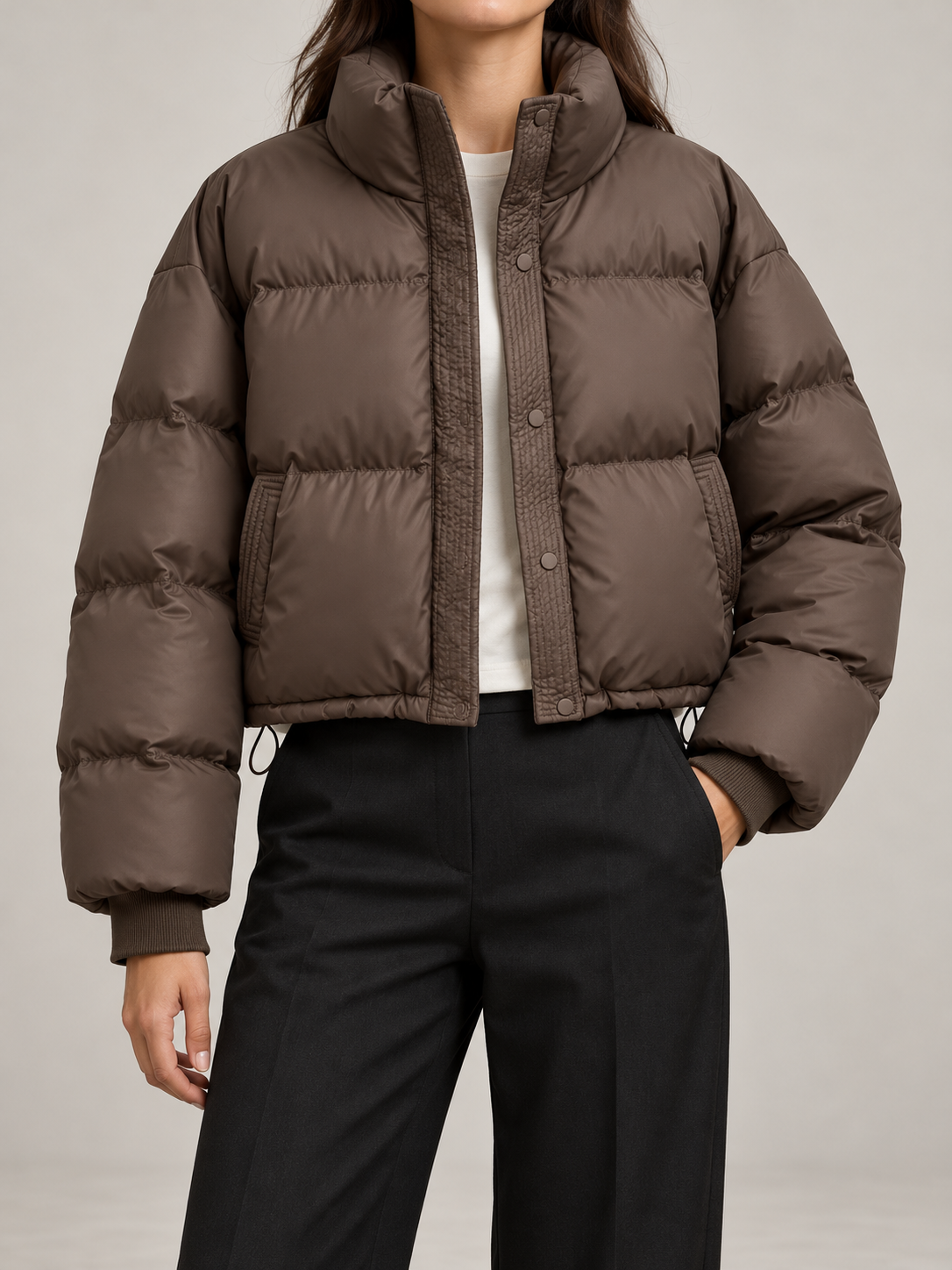 Women's Cropped Puffer Jacket | Funnel Neck, Drawcord Hem
