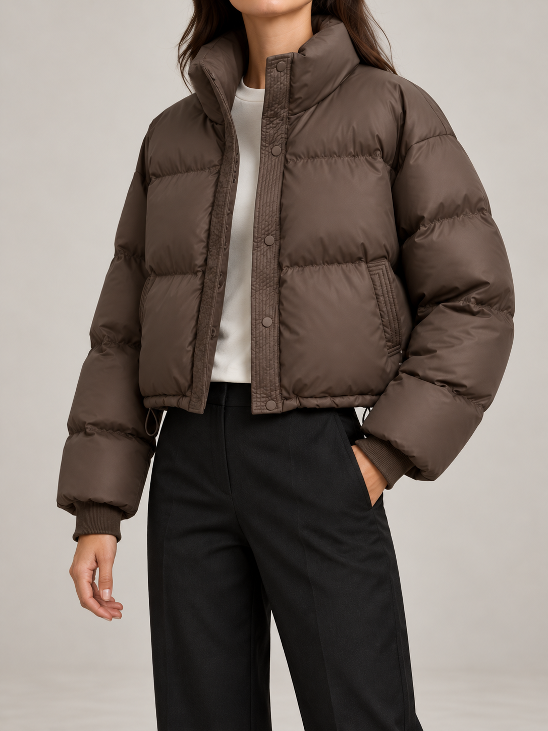 Women's Cropped Puffer Jacket | Funnel Neck, Drawcord Hem
