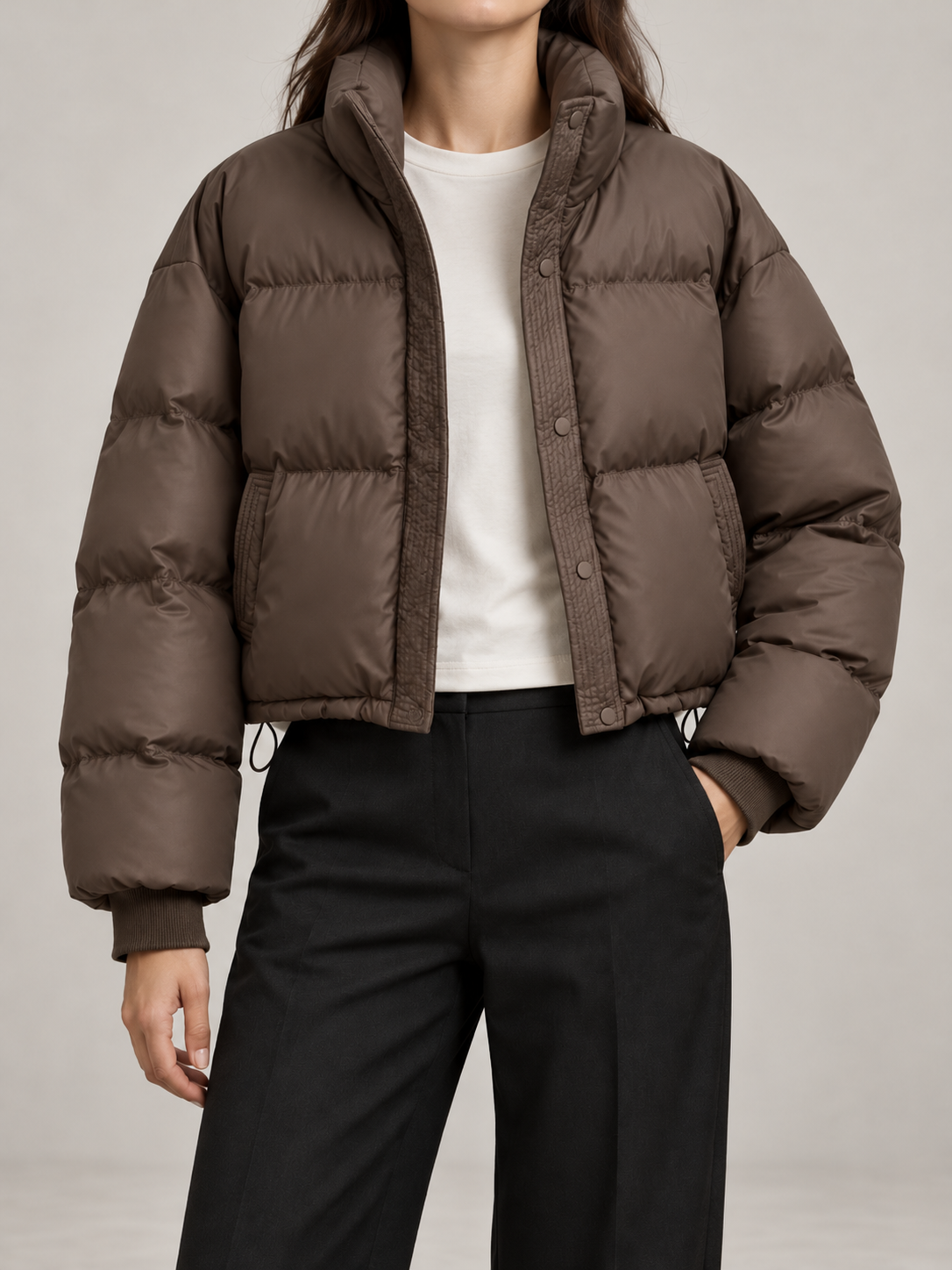 Women's Cropped Puffer Jacket | Funnel Neck, Drawcord Hem