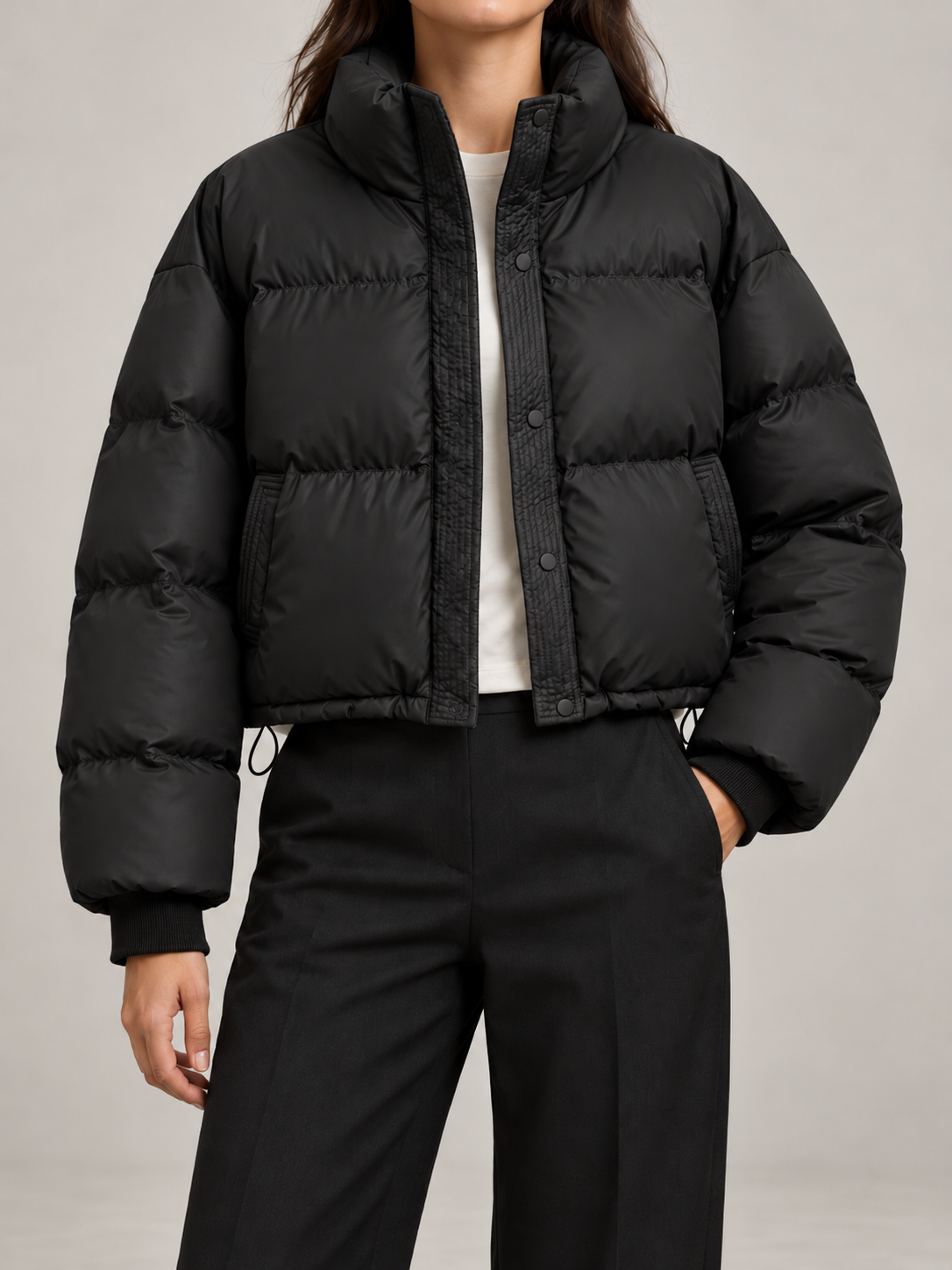 Women's Cropped Puffer Jacket | Funnel Neck, Drawcord Hem