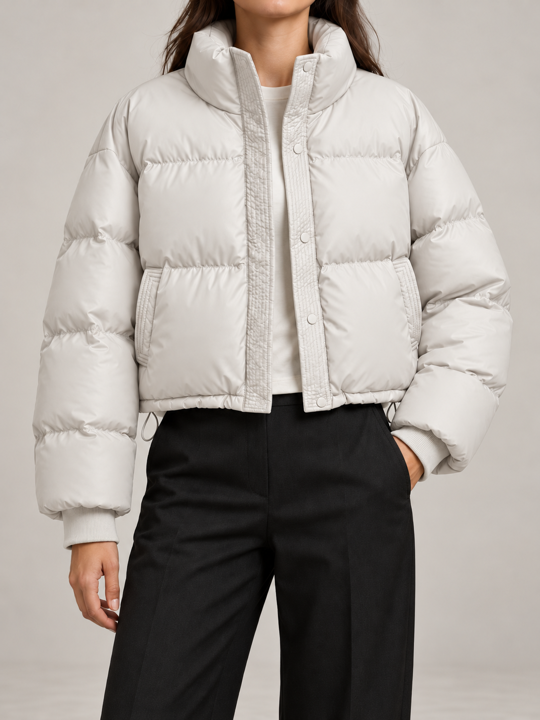 Women's Cropped Puffer Jacket | Funnel Neck, Drawcord Hem