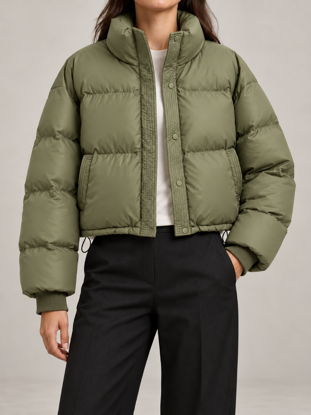 Women's Cropped Puffer Jacket | Funnel Neck, Drawcord Hem
