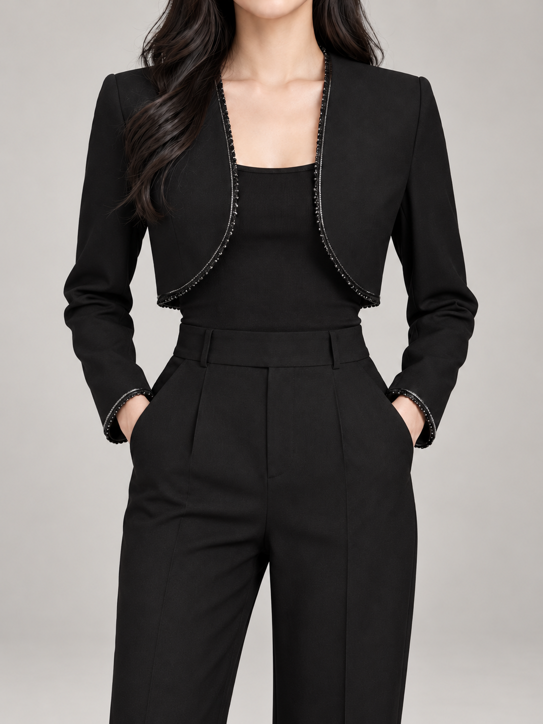 Women's Cropped Bolero Jacket | Beaded Trim, Open Front