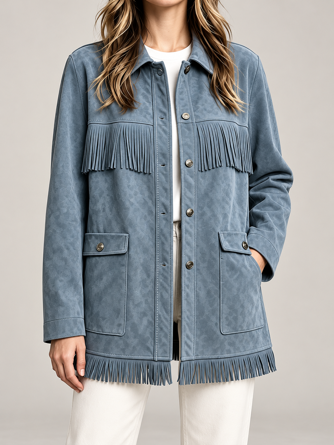 Women's Faux Suede Fringe Jacket | Snap Front, Patch Pockets