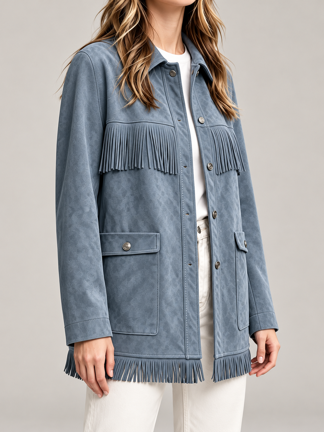 Women's Faux Suede Fringe Jacket | Snap Front, Patch Pockets