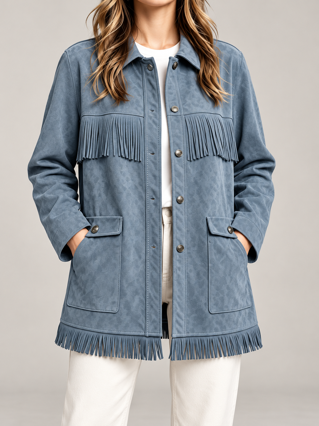 Women's Faux Suede Fringe Jacket | Snap Front, Patch Pockets