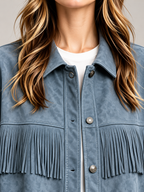 Women's Faux Suede Fringe Jacket | Snap Front, Patch Pockets