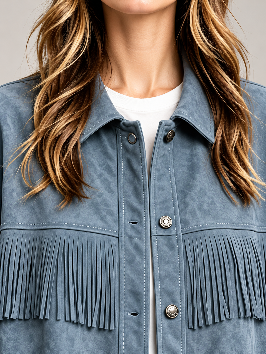 Women's Faux Suede Fringe Jacket | Snap Front, Patch Pockets