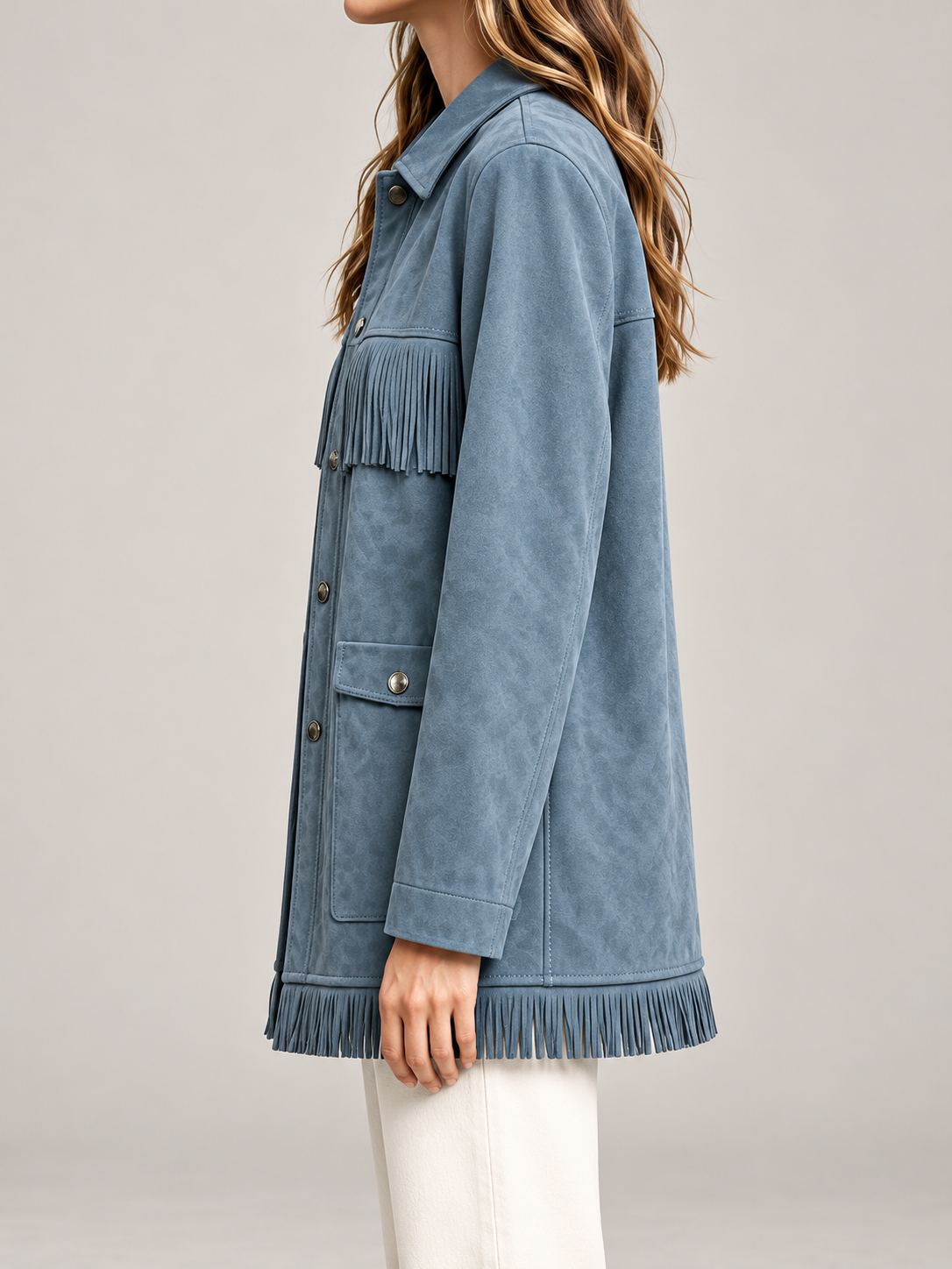 Women's Faux Suede Fringe Jacket | Snap Front, Patch Pockets