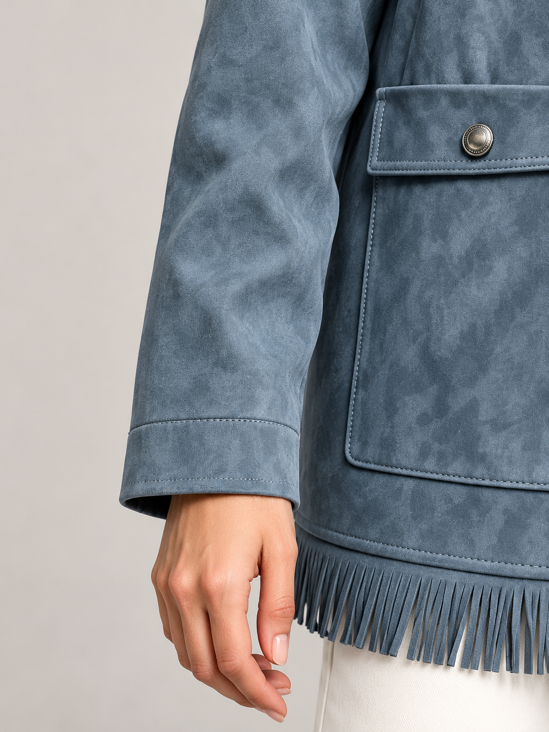 Women's Faux Suede Fringe Jacket | Snap Front, Patch Pockets