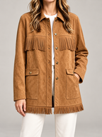 Women's Faux Suede Fringe Jacket | Snap Front, Patch Pockets