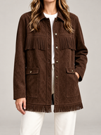 Women's Faux Suede Fringe Jacket | Snap Front, Patch Pockets