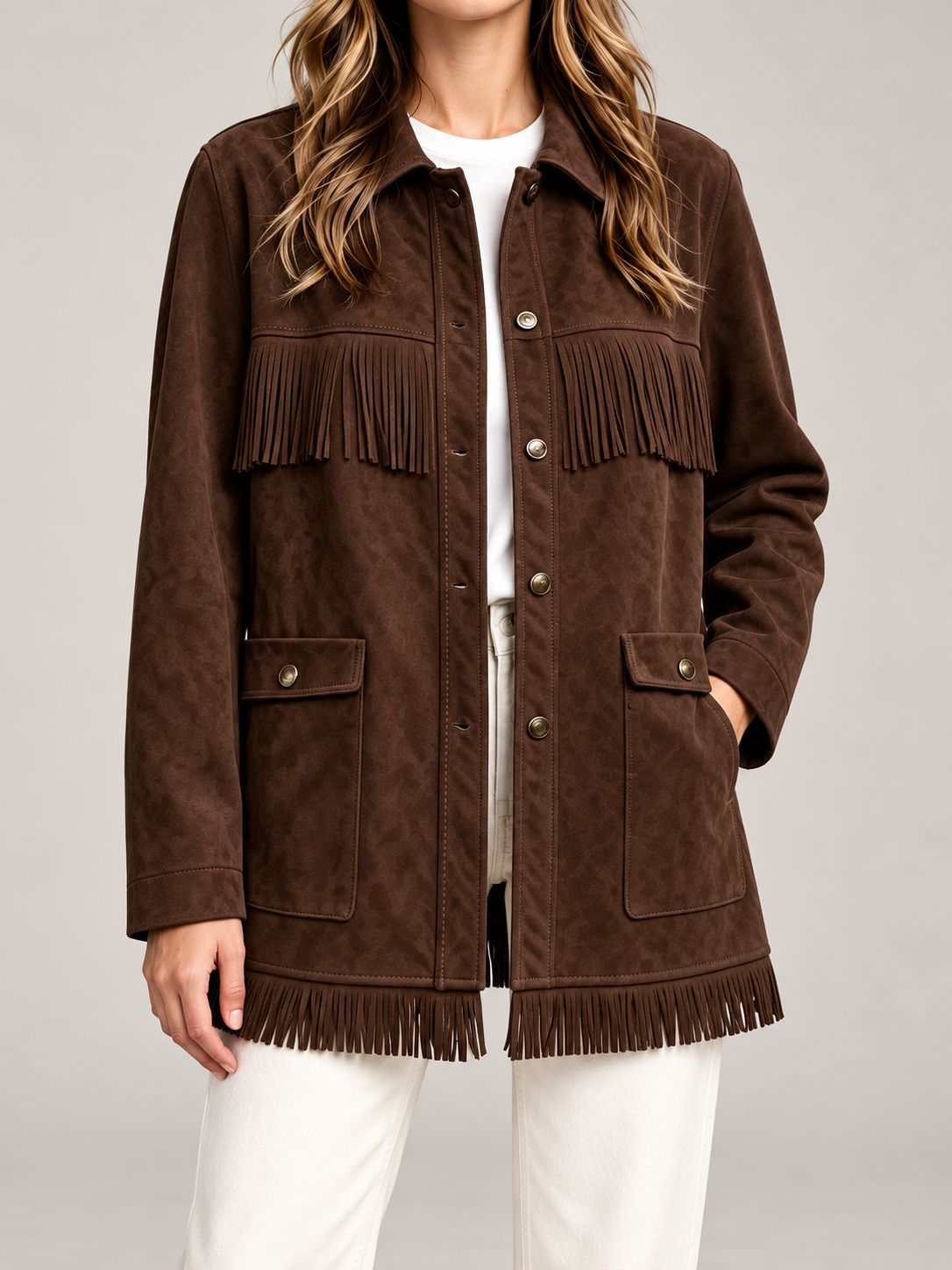 Women's Faux Suede Fringe Jacket | Snap Front, Patch Pockets