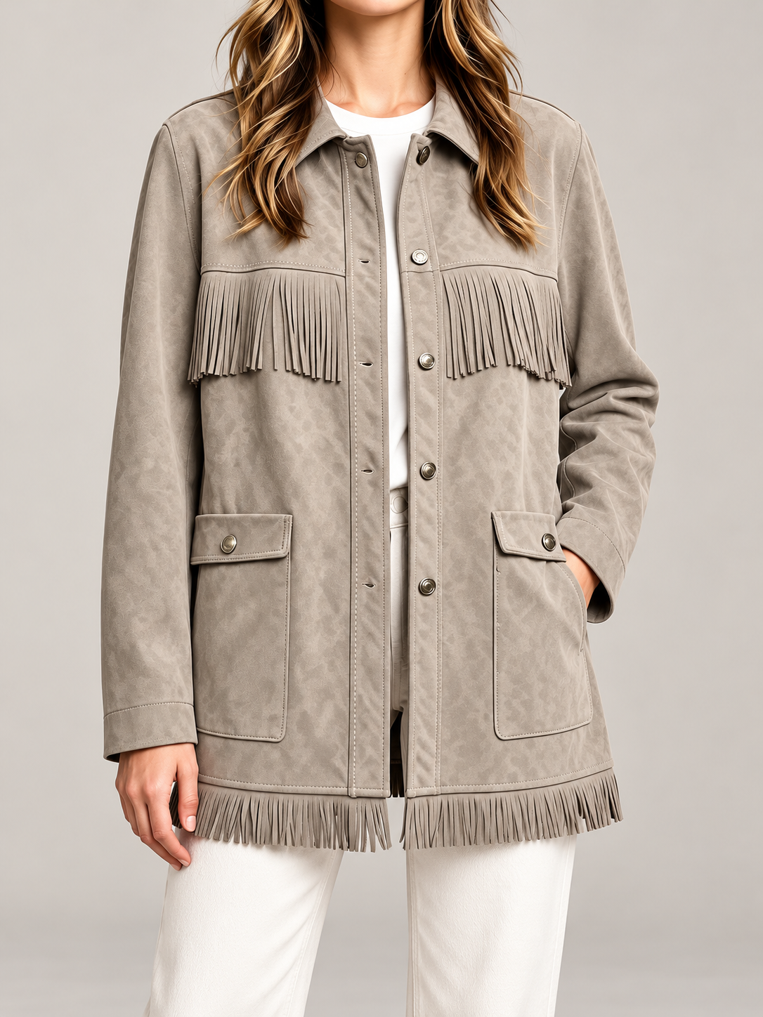 Women's Faux Suede Fringe Jacket | Snap Front, Patch Pockets