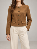 Women's Faux Suede Collarless Jacket | Button Front, Flap Pockets
