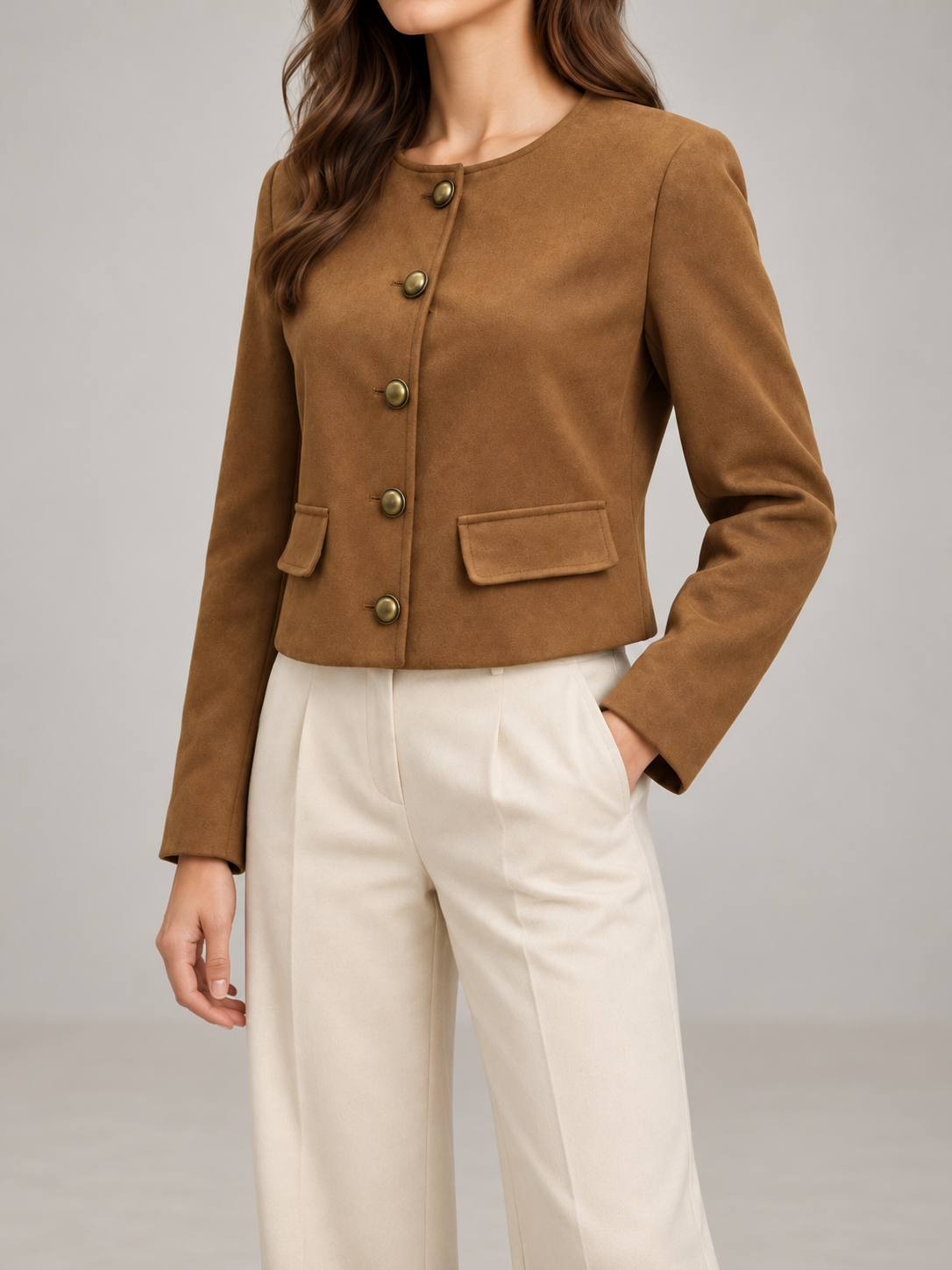 Women's Faux Suede Collarless Jacket | Button Front, Flap Pockets
