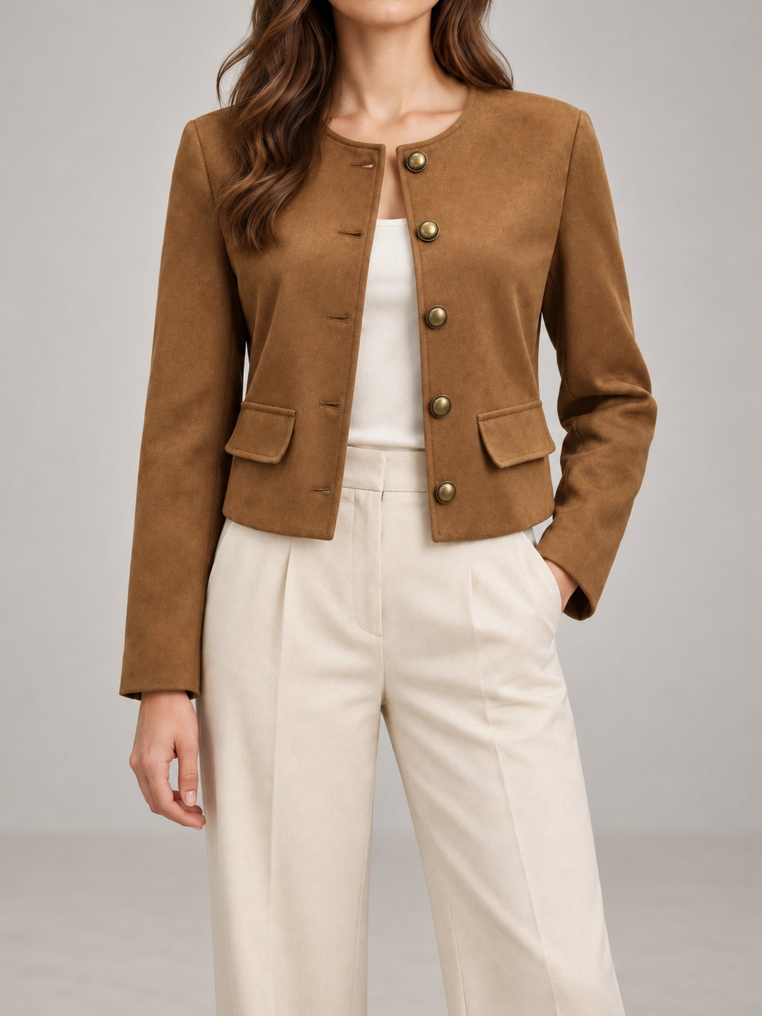 Women's Faux Suede Collarless Jacket | Button Front, Flap Pockets