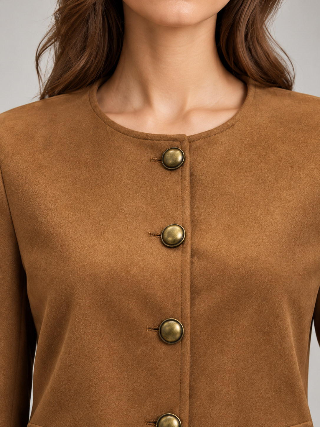 Women's Faux Suede Collarless Jacket | Button Front, Flap Pockets