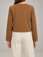 Women's Faux Suede Collarless Jacket | Button Front, Flap Pockets