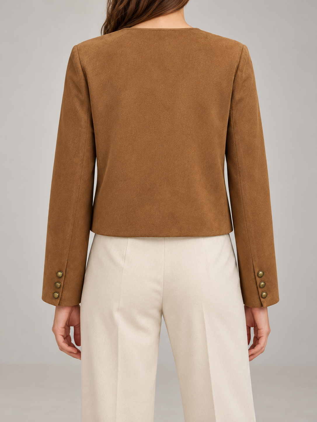 Women's Faux Suede Collarless Jacket | Button Front, Flap Pockets