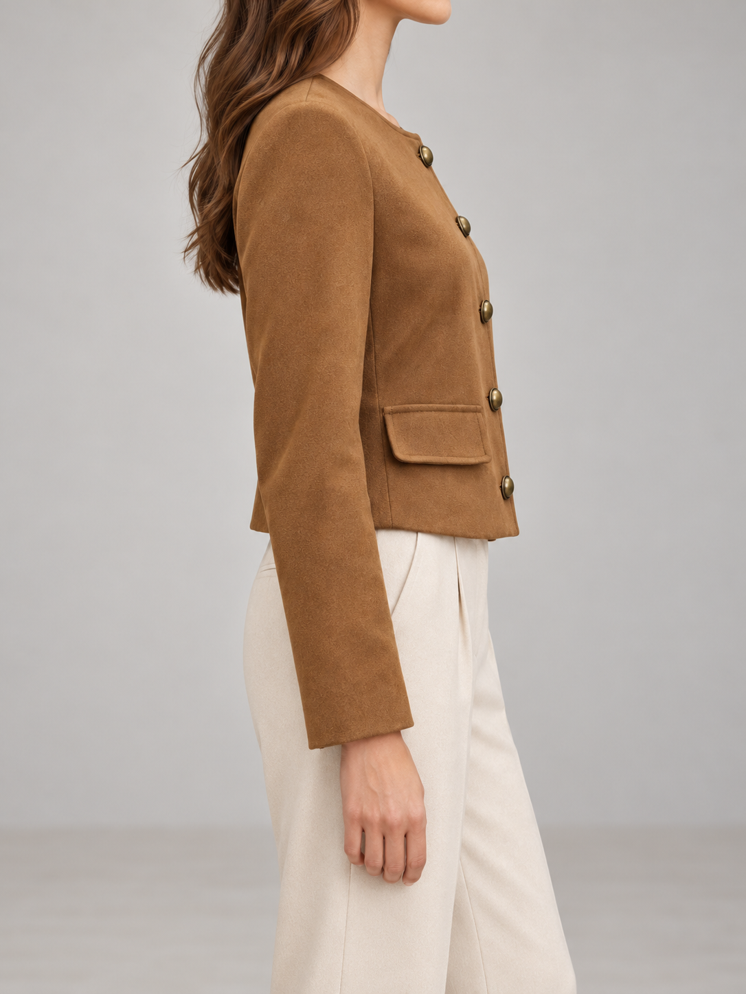Women's Faux Suede Collarless Jacket | Button Front, Flap Pockets
