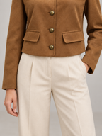 Women's Faux Suede Collarless Jacket | Button Front, Flap Pockets