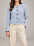 Women's Faux Suede Collarless Jacket | Button Front, Flap Pockets