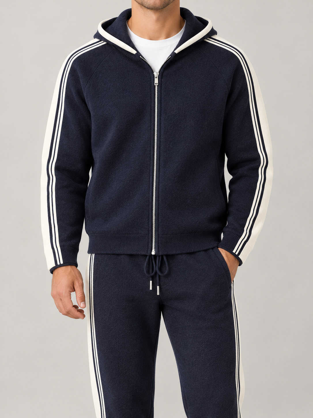 Men's Knit Tracksuit Set | Zip Hoodie & Side Stripe Joggers