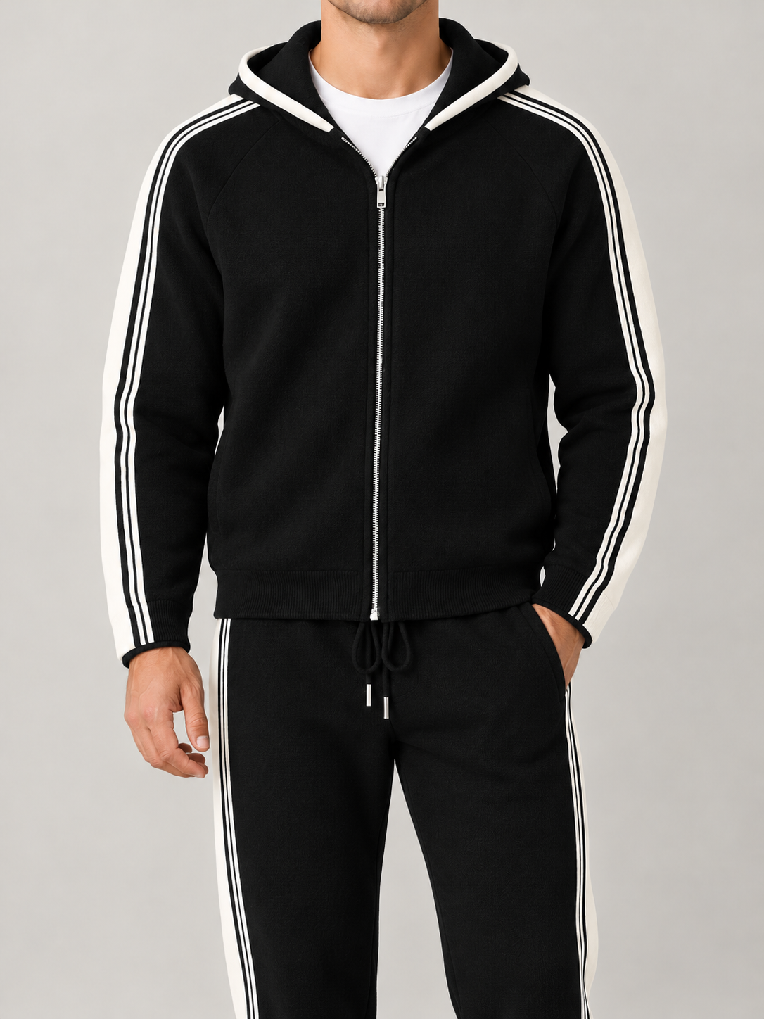 Men's Knit Tracksuit Set | Zip Hoodie & Side Stripe Joggers
