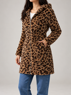 Women's Leopard Print Teddy Hooded Jacket | Zip Front, Slim Fit