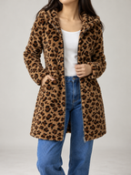Women's Leopard Print Teddy Hooded Jacket | Zip Front, Slim Fit