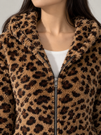 Women's Leopard Print Teddy Hooded Jacket | Zip Front, Slim Fit