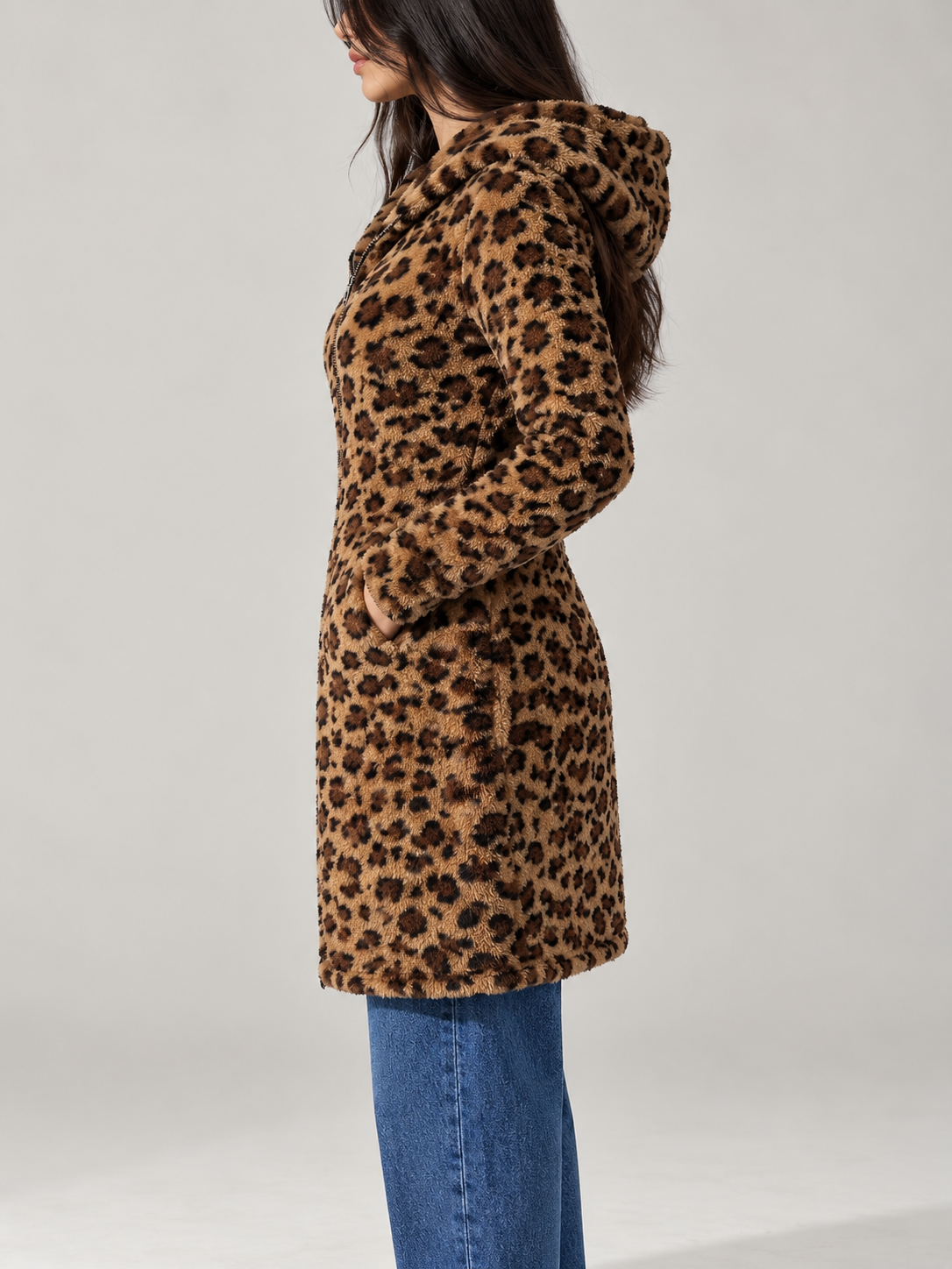Women's Leopard Print Teddy Hooded Jacket | Zip Front, Slim Fit