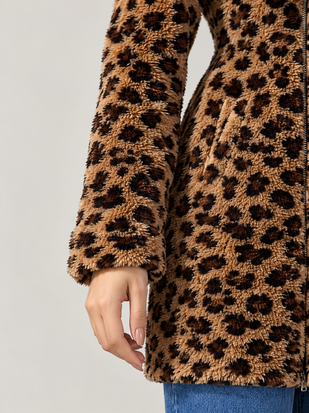 Women's Leopard Print Teddy Hooded Jacket | Zip Front, Slim Fit