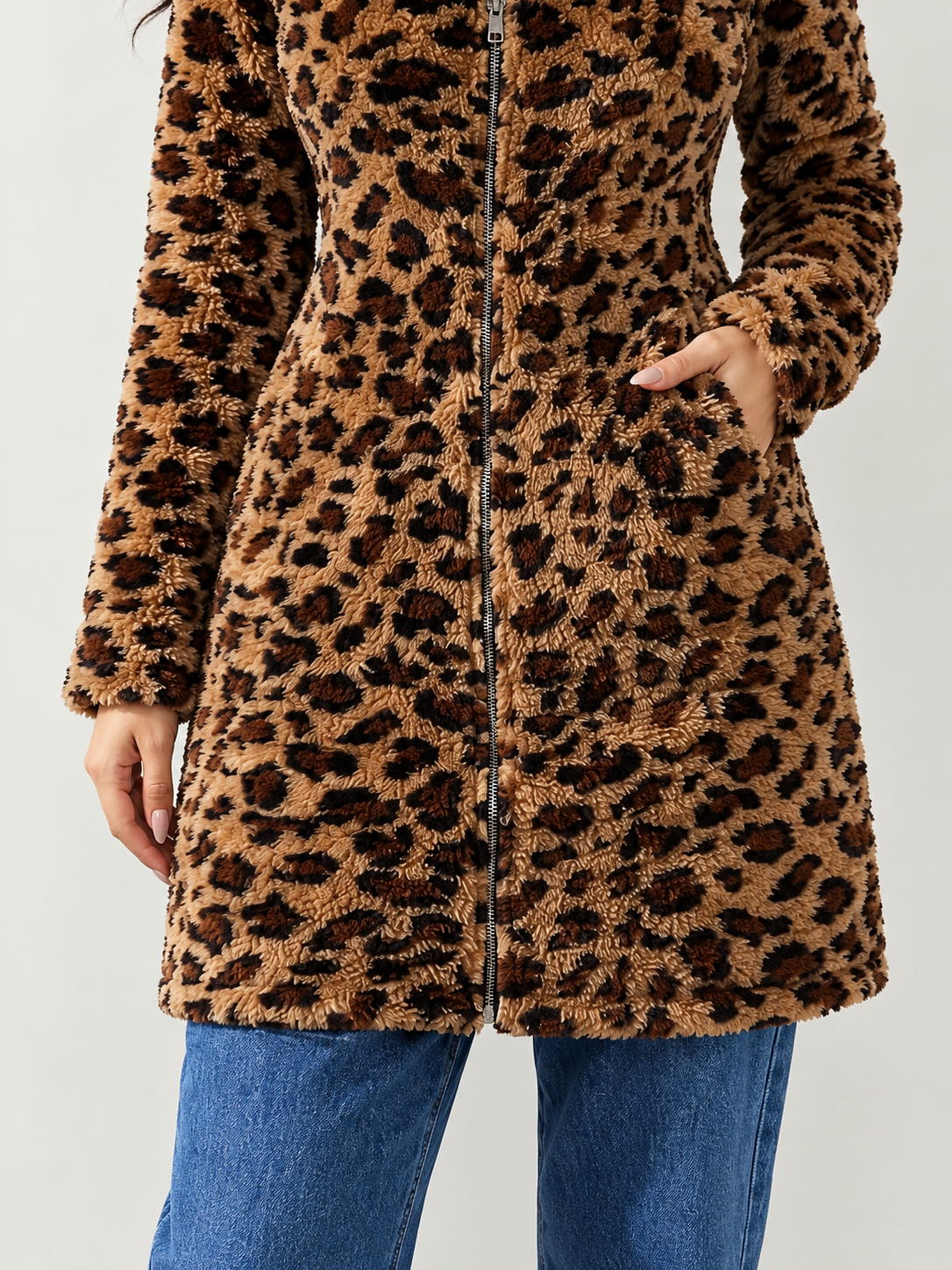 Women's Leopard Print Teddy Hooded Jacket | Zip Front, Slim Fit