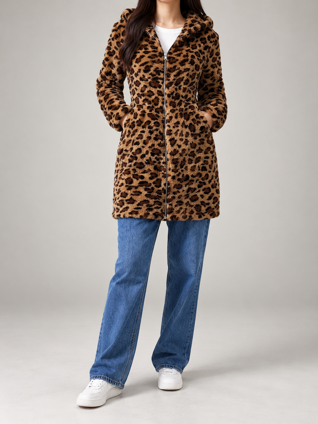 Women's Leopard Print Teddy Hooded Jacket | Zip Front, Slim Fit