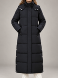 Women's Longline Hooded Puffer Coat | Funnel Neck, Snap Side Splits