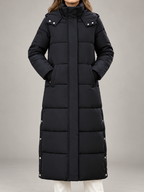 Women's Longline Hooded Puffer Coat | Funnel Neck, Snap Side Splits