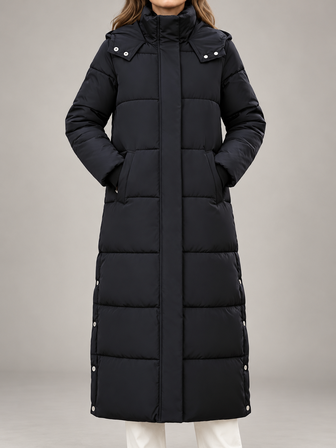 Women's Longline Hooded Puffer Coat | Funnel Neck, Snap Side Splits
