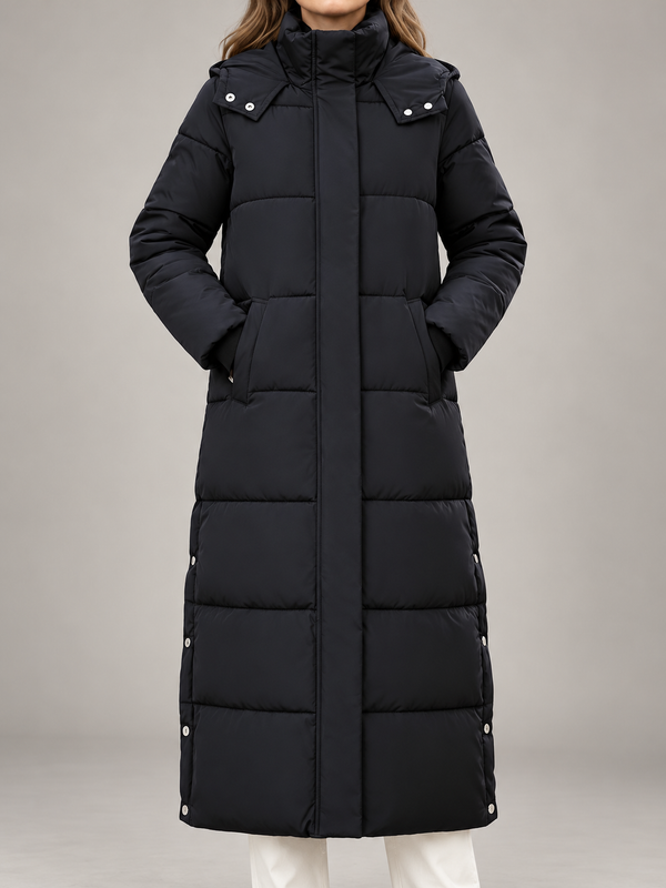 Women's Longline Hooded Puffer Coat | Funnel Neck, Snap Side Splits