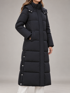 Women's Longline Hooded Puffer Coat | Funnel Neck, Snap Side Splits