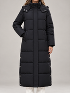 Women's Longline Hooded Puffer Coat | Funnel Neck, Snap Side Splits